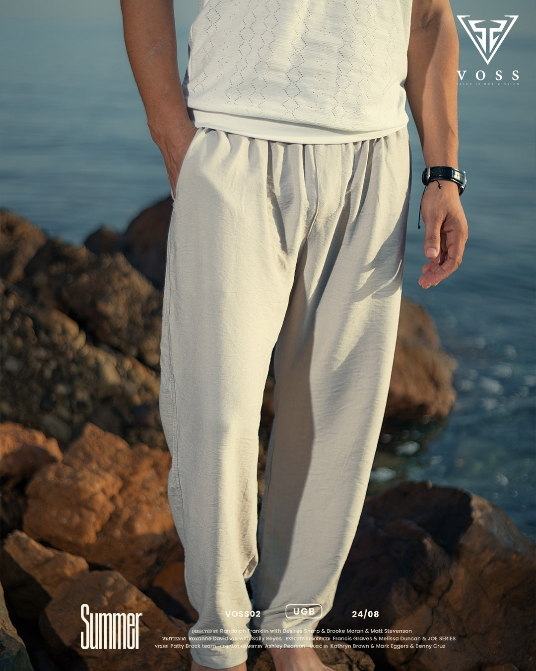 Close-up of men's white linen pants fabric showing the breathable texture and elastic waistband for a secure, comfortable fit.